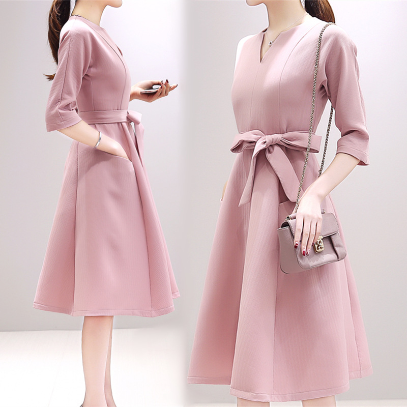 2016春装新款女装韩版修身显瘦v领气质七分袖粉色中长款连衣裙女