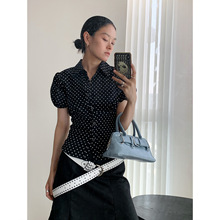 桃樂絲 新品法式復古顯瘦波點收腰褶皺百搭單排扣襯衫泡泡袖襯衣