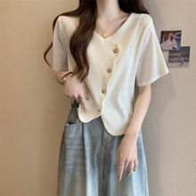 大碼女裝新款不規則斜扣小香風短袖T恤女寬松遮肉顯瘦百搭上衣潮