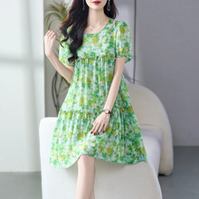 69520 春夏新款小個子高腰寬松桑蠶絲連衣裙綠色碎花真絲連衣裙女