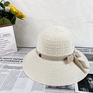 針織草帽夏季小M蝴蝶結透氣薄款遮陽帽女防曬戶外大檐 盆帽蝴蝶結
