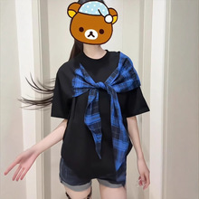 美式復古假兩件披肩短袖t恤女夏2025新款薄款寬松疊穿顯瘦上衣ins