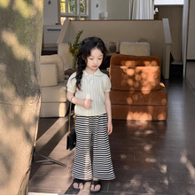 2025夏季新款女兒童裝韓版洋氣短袖polo領鏤空針織T恤衫條紋褲