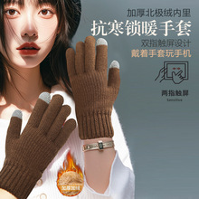 雙指觸屏雙層手套男女冬季針織騎行手套加絨加厚防滑保暖廠家批發