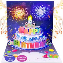 跨境3D立體賀卡生日蛋糕音樂彩色燈光創意禮花效果有聲卡片