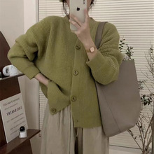 新款圓領純色毛衣針織外套女秋冬寬松百搭長袖軟糯慵懶風針織開衫
