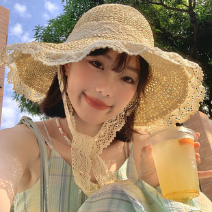 夏季蕾絲花邊沙灘防曬帽女海邊出游大帽檐遮陽帽防紫外線鏤空草帽