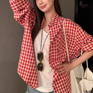 紅色格子襯衫法式開衫襯衫女春夏季新款長袖寬松百搭襯衣上衣外套