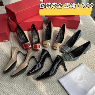 高版本RV方扣高跟鞋女2025新款羊漆皮粗跟中跟百搭方頭淺口單鞋女