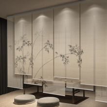 新中式禪意印花書房茶室電動升降卷簾窗簾遮陽遮光軟隔斷屏風簾
