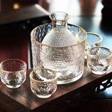 藍海日式錘紋金邊玻璃清酒黃酒溫酒器燙酒壺家用一兩白酒杯酒盅金