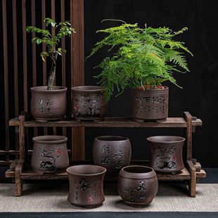 紫砂陶瓷花盆批發 室內梅蘭竹菊刻字 家用創意菖蒲辦公室文竹盆景