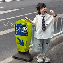 頑兔2025夏季新款湖州織里童裝韓版貼標大童襯衣領帶短袖兒童襯衫