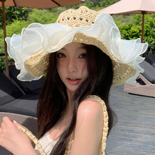 夏季女蕾絲草編遮陽帽新款出游防曬海邊沙灘太陽帽子大檐防曬帽子