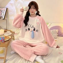 睡衣女冬季新款半邊絨長袖長褲圓領套頭卡通加厚保暖家居服套裝