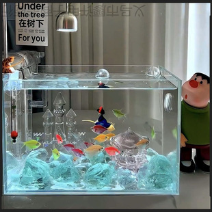 魚缸造景斗魚旋轉木馬夏天治愈清涼透藍色水晶石魚缸造景微景觀