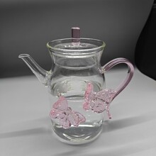 高顏值蝴蝶仿宋執壺高硼硅耐熱玻璃綠茶壺粉色紫色加厚家用泡茶壺