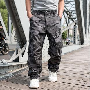 夏季薄款迷彩褲軍訓男長褲 多口袋兜純棉工裝褲 潮胖男大碼工作褲
