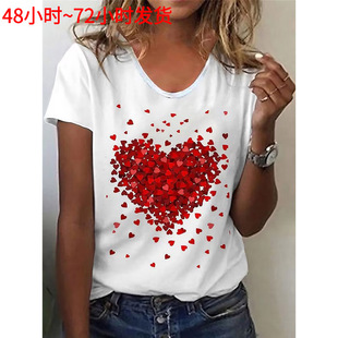 2024 Summer New Retro Women's T-shirt Red Heart Fashion