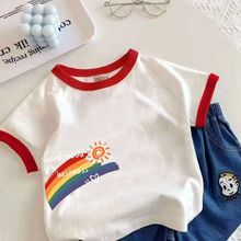 100%兒童純棉短袖夏季新款男童女童拼接撞色短袖寶寶洋氣時髦上衣
