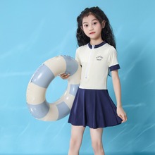 女童連體泳衣初中生學院風速干游泳衣女孩韓版溫泉保守連體裙泳裝