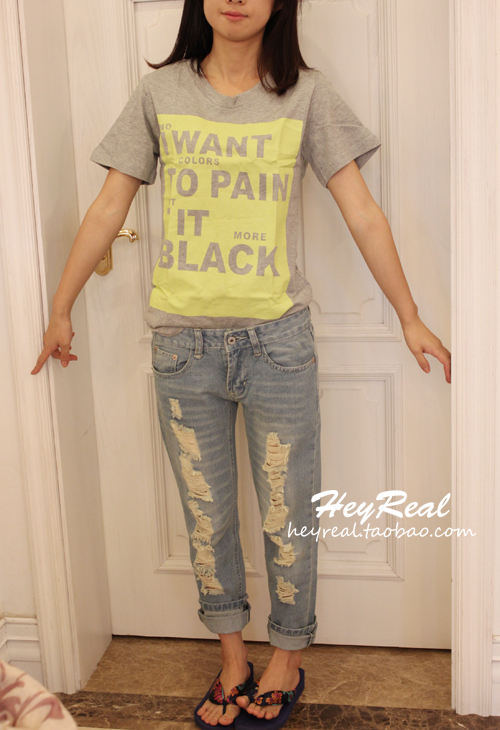 boyfirend浅色宽松磨破洞牛仔裤