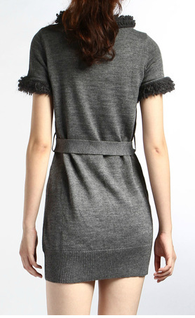 服装加工 灰色甜美毛边装饰短袖修身女式长款针织衫