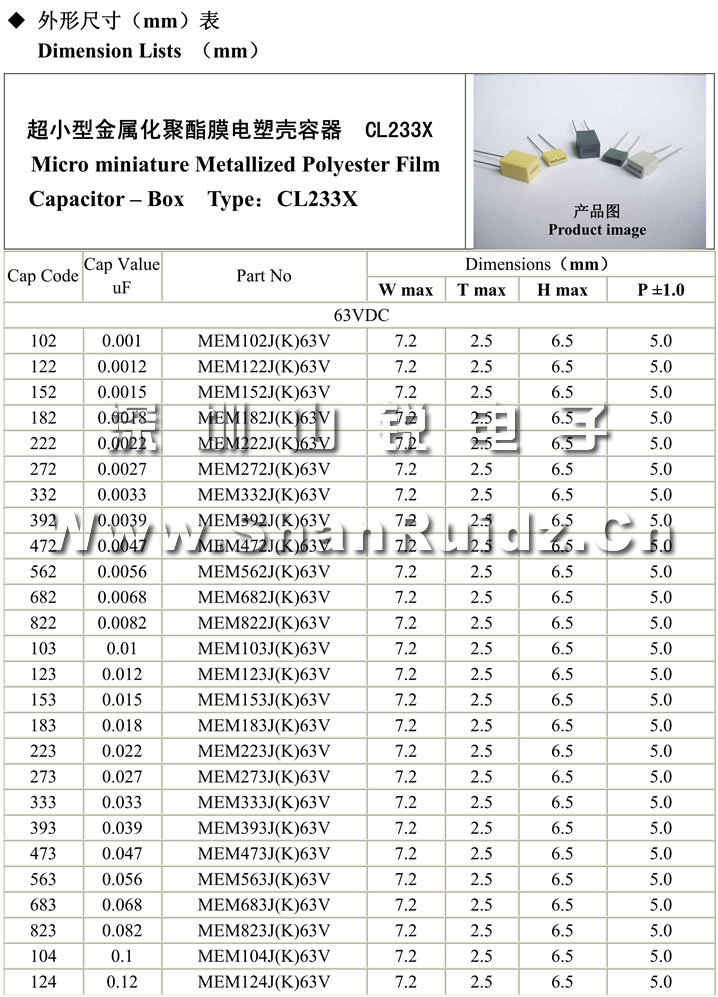 广东销售超小型金属化聚酯膜塑壳电容器cl233x 473k/j 63v(图)