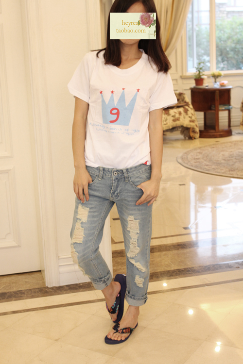 boyfirend浅色宽松磨破洞牛仔裤