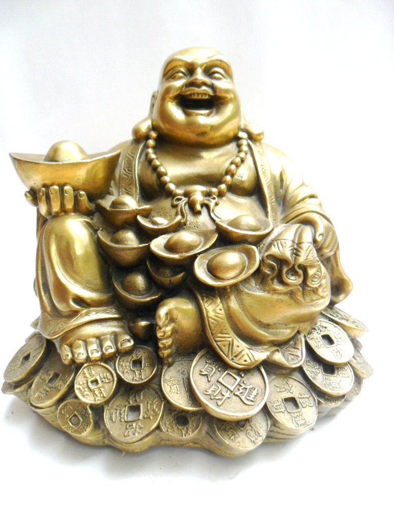 开光纯铜佛像摆件纯铜元宝弥勒佛 摆件 大号16cm 布袋和尚招财