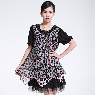 风韵天姿-圆领褶皱衣袖收腰印花拼接下摆连衣裙