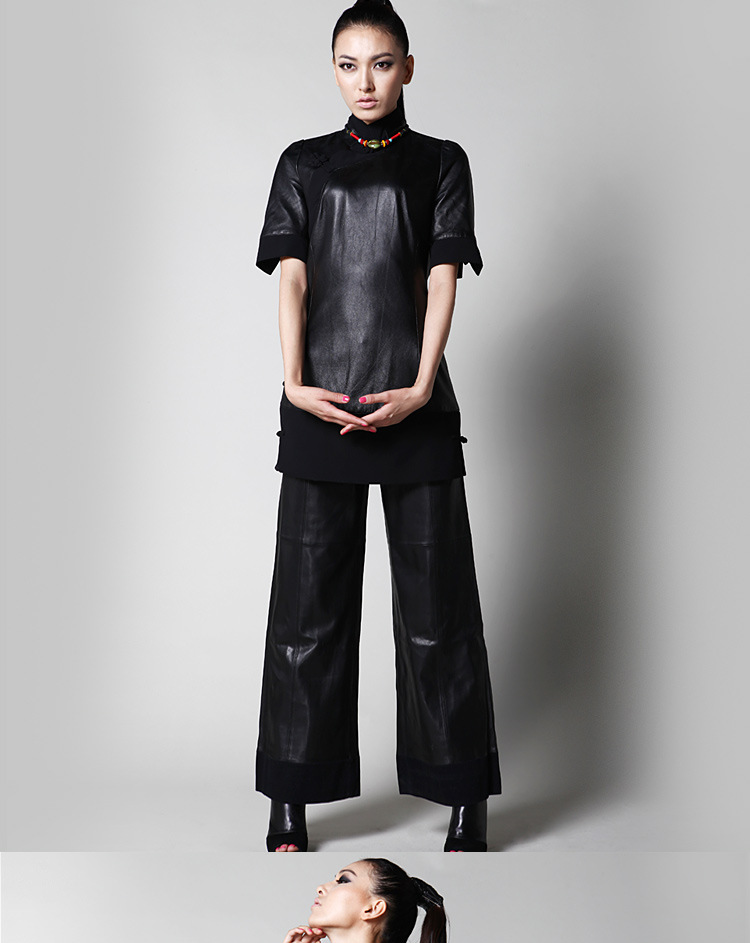 网店实体批发海宁中式旗袍皮衣绵羊皮拼真丝女装中式真皮旗袍