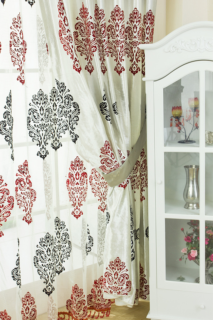 新款高档多套色植绒客厅卧室遮光窗帘布欧式古典窗帘窗纱