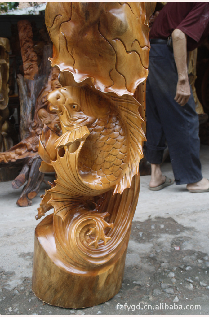 佛缘木雕 根雕刻工艺品香樟木年年有余 动物鲤鱼家居摆件3541图片大全