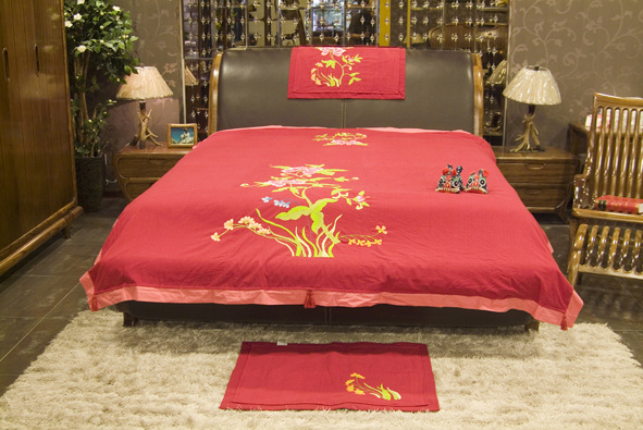 厂家直销益佳鲁锦高档纯棉手绣床上用品富贵天下四六件套布艺礼品