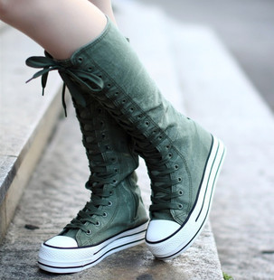 欧美街头水洗牛仔布高筒靴帆布平底厚底军靴长靴高帮鞋学生鞋女鞋