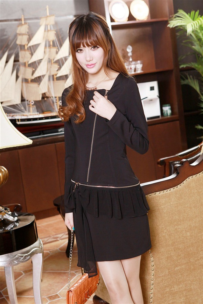 2012畅销春装新款韩版女装淑女个性斜拉链系蝴蝶结荷叶衣摆连衣裙