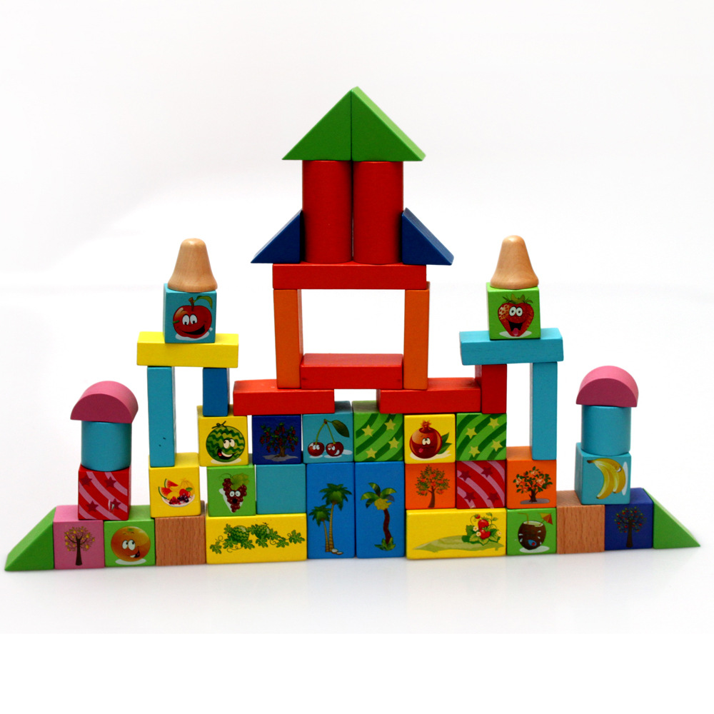 80粒水果桶装积木木制榉木积木儿童玩具3-6岁