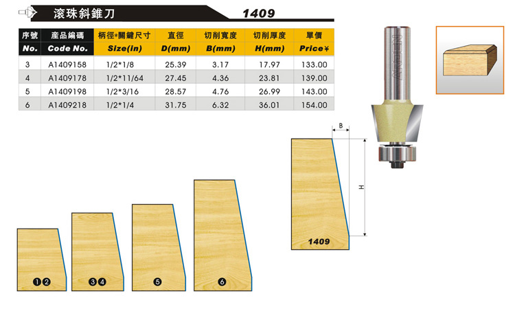 木工锣刀 雅登镂铣刀 木工刀具 1409滚珠斜锥刀 硬质合金 4.5折