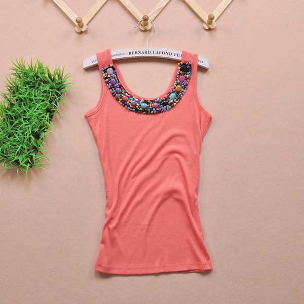 螺纹背心 夏装百搭修身吊带上衣 串珠女式打底衫 小背心批发