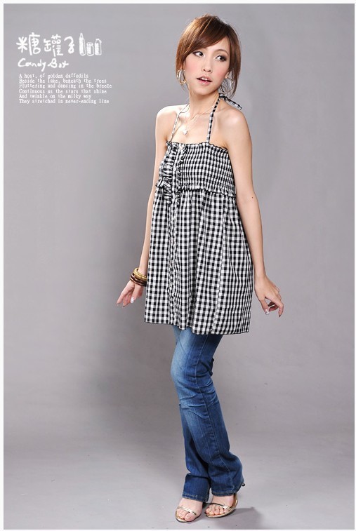 瑞丽服装 沙滩裙 雪纺衫格子挂脖末胸裙吊带裙 连衣裙 e6057 26.