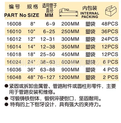 正品热销 安信工具美式重型管子钳扳手 水管钳子(规格全)