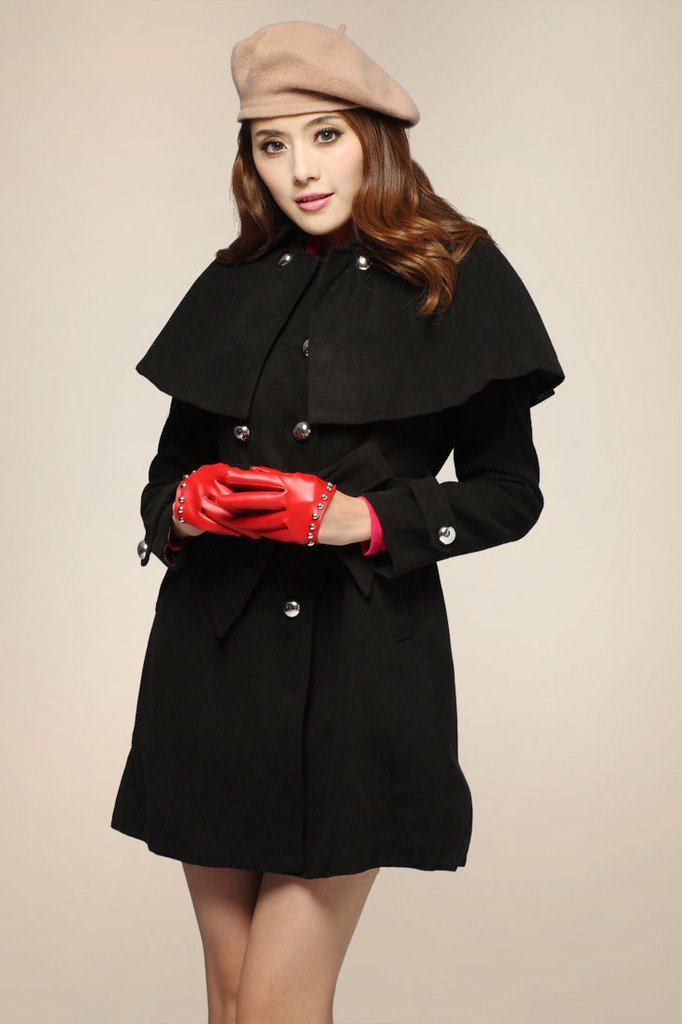 韩版气质风衣 修身可拆斗篷披肩两穿呢子大衣 红色双排扣大码外套