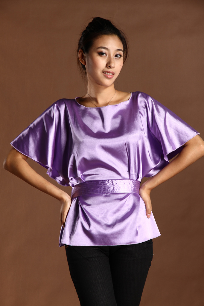 直销桑迪仕特2013春夏新款女人风情色丁仿真丝蝙蝠衫上衣