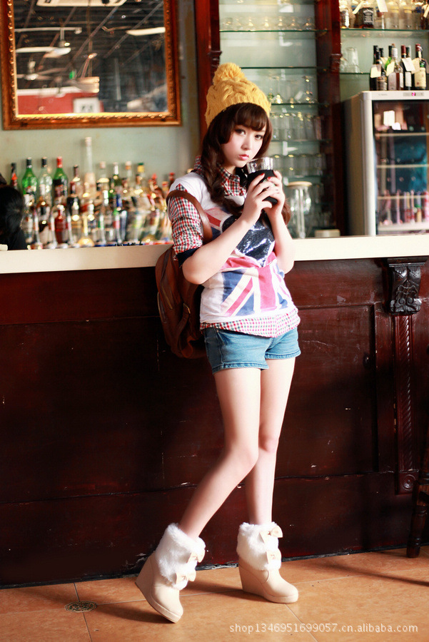 康佳琪 休闲时尚蝴蝶结 坡跟 中筒靴 单靴