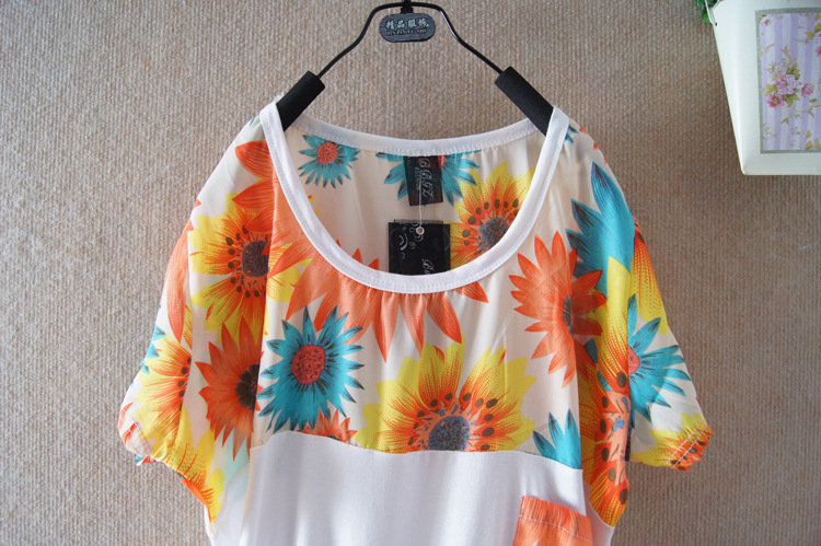 2012新款夏装韩版雪纺拼接大花短袖女式t恤批发 6901