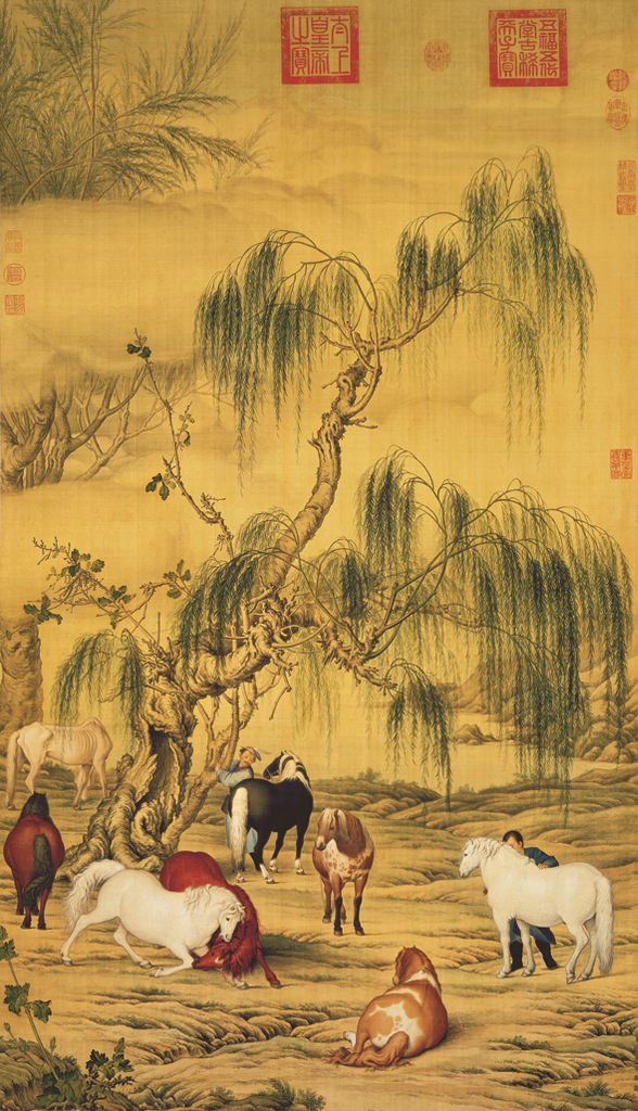 中国古画 清代 郎世宁《八骏图》仿真画 收藏/礼品/装饰