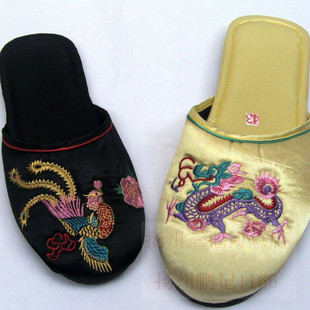 扬州绣花拖鞋 刺绣拖鞋 居家拖鞋 情侣 地板一对浅黄龙黑色凤凰
