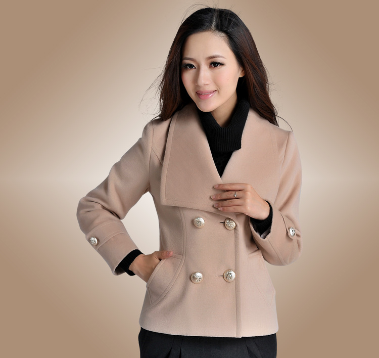 2013韩版双排扣大翻领毛呢外套呢子衣女新款长袖顺毛短款红色黑色