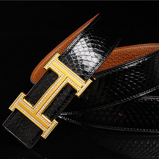 零售代发 爱马仕皮带 真蛇皮皮带双排钻钢扣 原版h扣蛇皮腰带